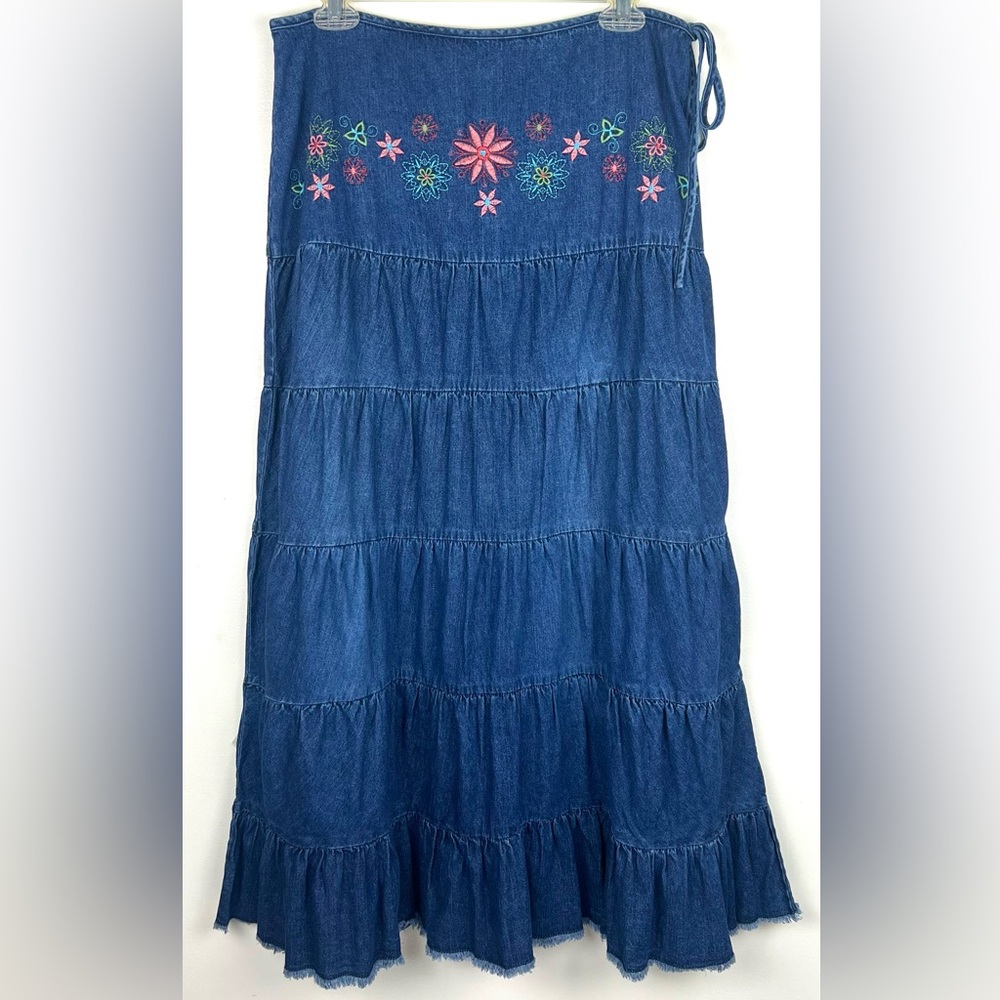 Vintage 90’s Y2K Cato Floral Embroidered Tiered Maxi Midi Denim Skirt